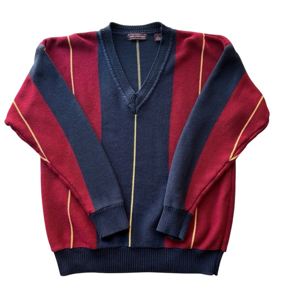 Vintage 90s Color Block Sweater Size XL Striped Navy Red V-neck Preppy Rugby - Picture 6 of 9